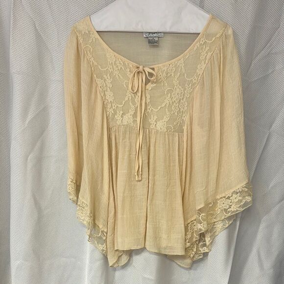 Cream Bell Sleeve Blouse with Tie Front and Asymmetrical Design - Picture 1 of 4